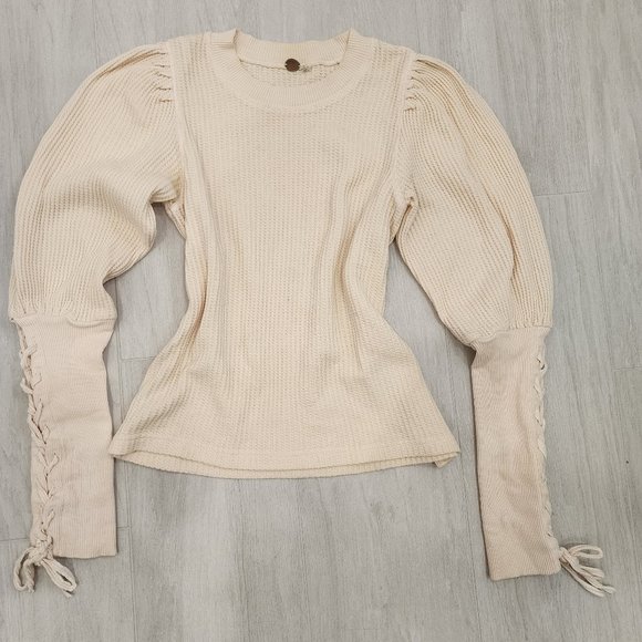 Free People Lace Up Sleeve Tasha Thermal Shirt in Ivory - Picture 2 of 4